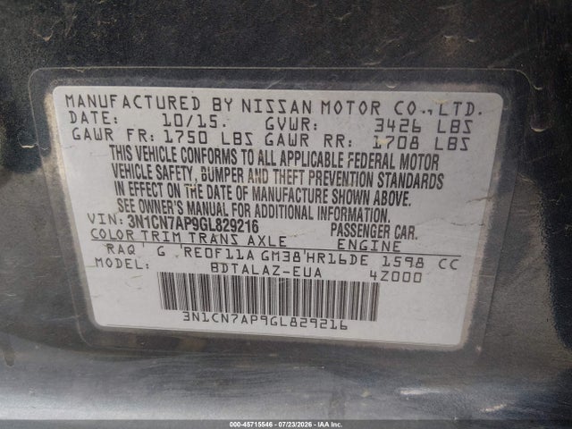 Nissan Versa 1.6 S+ 2016 3N1CN7AP9GL829216 Image 9