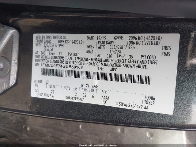 45715561 :رقم المزاد ، 1FMCU0F74GUB89966 vin ، 2016 Ford Escape S مزاد بيع