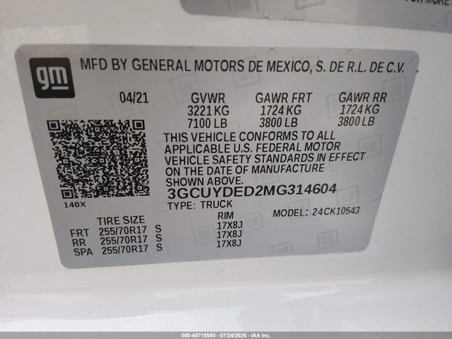 Продаж на аукціоні авто 2021 Chevrolet Silverado 1500 4wd  Short Bed Lt, vin: 3GCUYDED2MG314604, номер лоту: 45715580