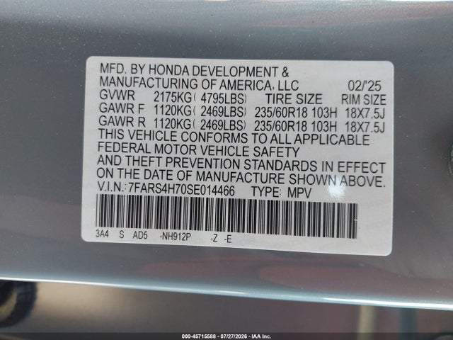 45715588 :رقم المزاد ، 7FARS4H70SE014466 vin ، 2025 Honda Cr-v Ex-l Awd مزاد بيع