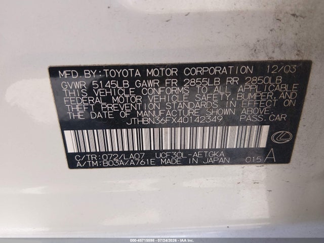 2004 Lexus Ls 430 მანქანა იყიდება აუქციონზე, vin: JTHBN36FX40142349, აუქციონის ნომერი: 45715598