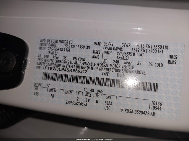 Aukcja sprzedaży 2025 Ford F-150 Xlt, vin: 1FTEW3LP4SKE66312, numer aukcji: 45715599