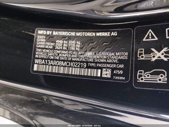 45715609 :رقم المزاد ، WBA13AR08MCH02219 vin ، 2021 Bmw M440i Xdrive مزاد بيع