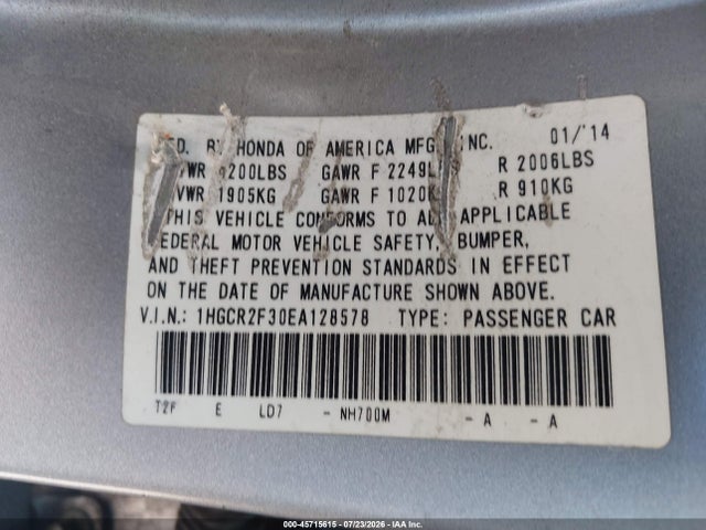 Honda ACCORD LX 2014 1HGCR2F30EA128578 Image 9