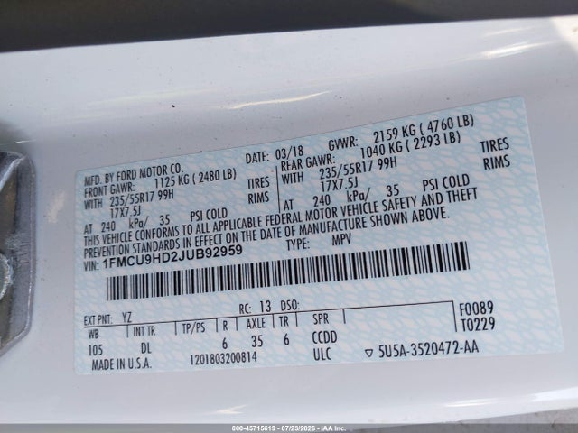 Ford ESCAPE SEL 2018 1FMCU9HD2JUB92959 Image 9