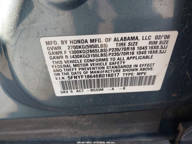 2006 Honda Pilot Ex-l მანქანა იყიდება აუქციონზე, vin: 5FNYF18646B016017, აუქციონის ნომერი: 45715623