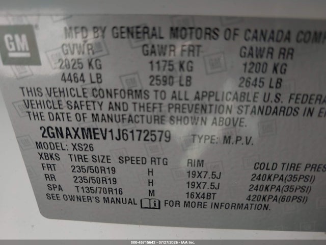 2GNAXMEV1J6172579 Chevrolet Equinox Premier