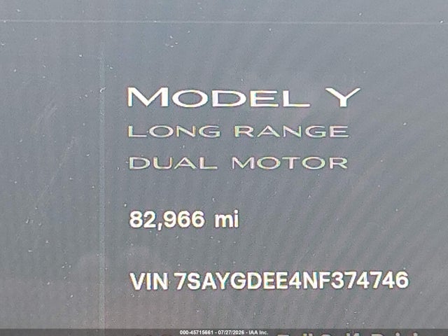 Aukcja sprzedaży 2022 Tesla Model Y Long Range Dual Motor All-wheel Drive, vin: 7SAYGDEE4NF374746, numer aukcji: 45715661