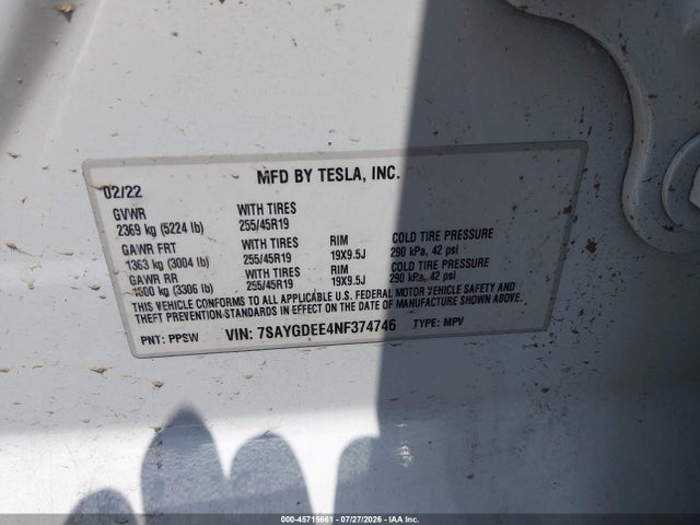 Aukcja sprzedaży 2022 Tesla Model Y Long Range Dual Motor All-wheel Drive, vin: 7SAYGDEE4NF374746, numer aukcji: 45715661
