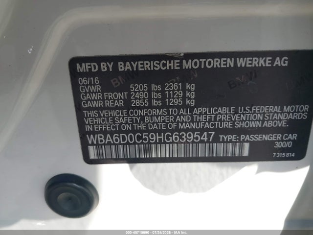 Aukcja sprzedaży 2017 Bmw 640i Gran Coupe, vin: WBA6D0C59HG639547, numer aukcji: 45715690