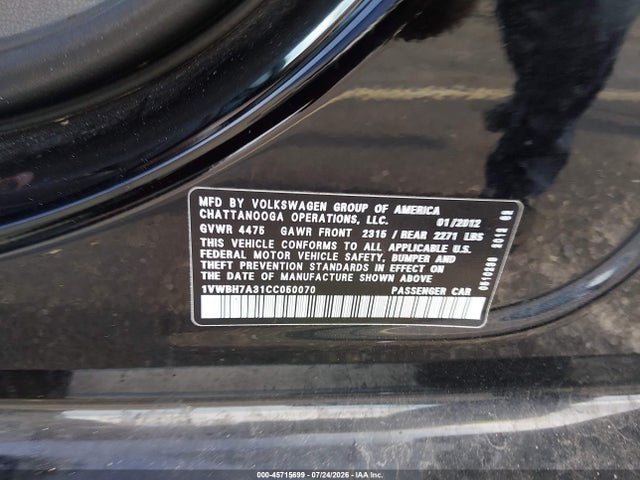 Продаж на аукціоні авто 2012 Volkswagen Passat 2.5l Se, vin: 1VWBH7A31CC050070, номер лоту: 45715699