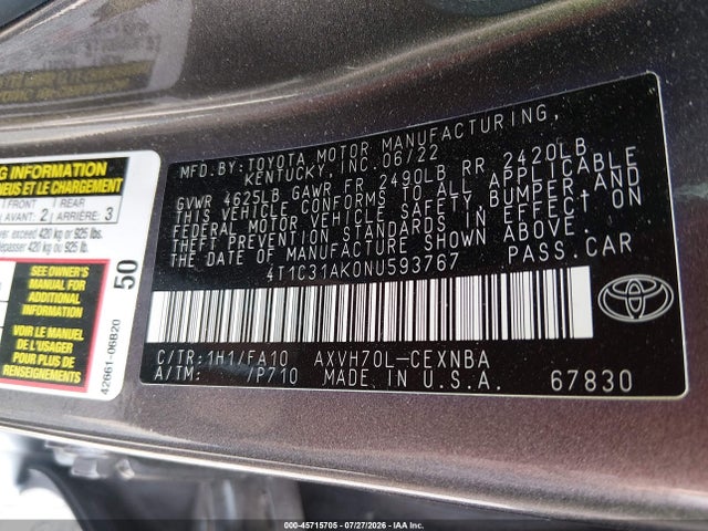 Продаж на аукціоні авто 2022 Toyota Camry Le Hybrid, vin: 4T1C31AK0NU593767, номер лоту: 45715705