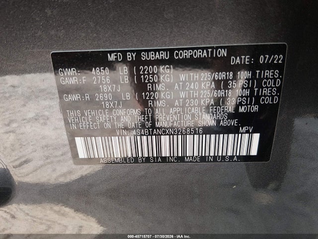 2022 Subaru Outback Limited მანქანა იყიდება აუქციონზე, vin: 4S4BTANCXN3268516, აუქციონის ნომერი: 45715707