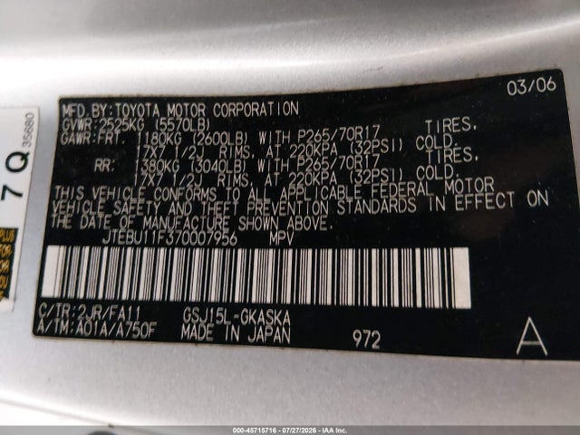 45715716 :رقم المزاد ، JTEBU11F370007956 vin ، 2007 Toyota Fj Cruiser مزاد بيع
