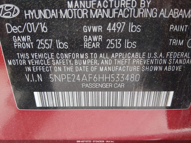 2017 Hyundai Sonata მანქანა იყიდება აუქციონზე, vin: 5NPE24AF6HH533480, აუქციონის ნომერი: 45715723
