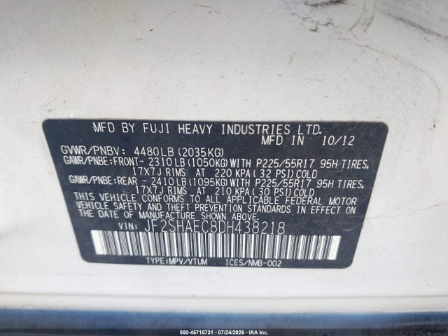 Продажа на аукционе авто 2013 Subaru Forester 2.5x Limited, vin: JF2SHAEC8DH438218, номер лота: 45715731