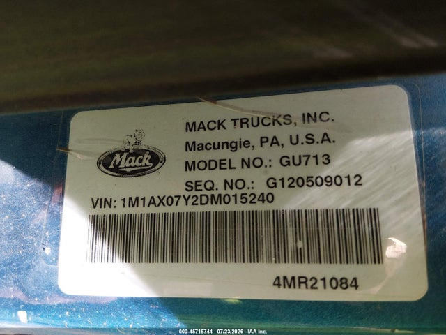 45715744 :رقم المزاد ، 1M1AX07Y2DM015240 vin ، 2013 Mack 700 Gu700 مزاد بيع