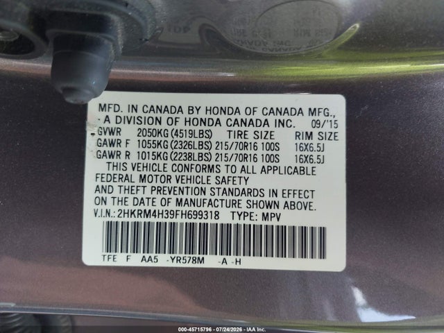 45715796 :رقم المزاد ، 2HKRM4H39FH699318 vin ، 2015 Honda Cr-v Lx مزاد بيع