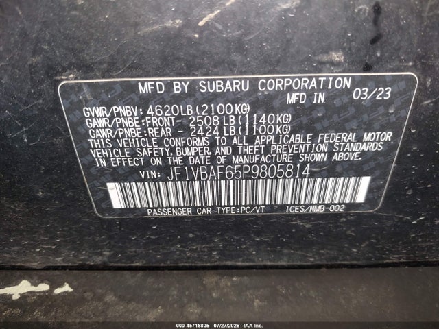 Aukcja sprzedaży 2023 Subaru Wrx Premium, vin: JF1VBAF65P9805814, numer aukcji: 45715805