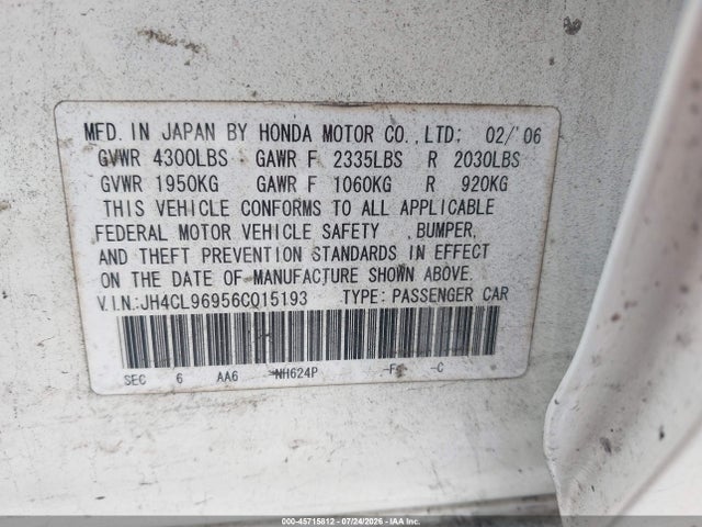 Продажа на аукционе авто 2006 Acura Tsx, vin: JH4CL96956C015193, номер лота: 45715812