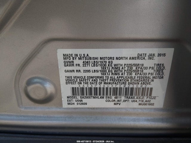 Продаж на аукціоні авто 2015 Mitsubishi Outlander Sport Es, vin: 4A4AP3AUXFE023602, номер лоту: 45715813