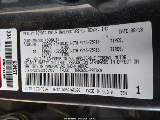 45715816 :رقم المزاد ، 5TFAX5GN9JX131919 vin ، 2018 Toyota Tacoma Sr مزاد بيع