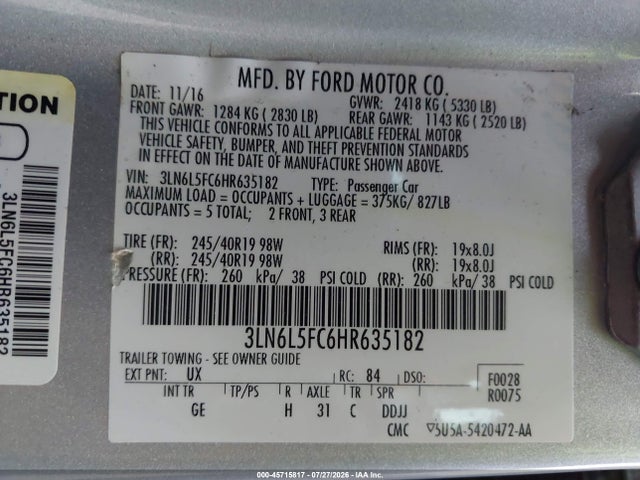 Aukcja sprzedaży 2017 Lincoln Mkz Reserve, vin: 3LN6L5FC6HR635182, numer aukcji: 45715817