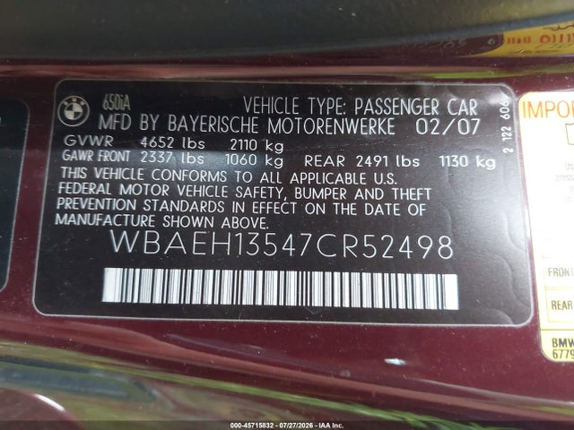 Aukcja sprzedaży 2007 Bmw 650i, vin: WBAEH13547CR52498, numer aukcji: 45715832