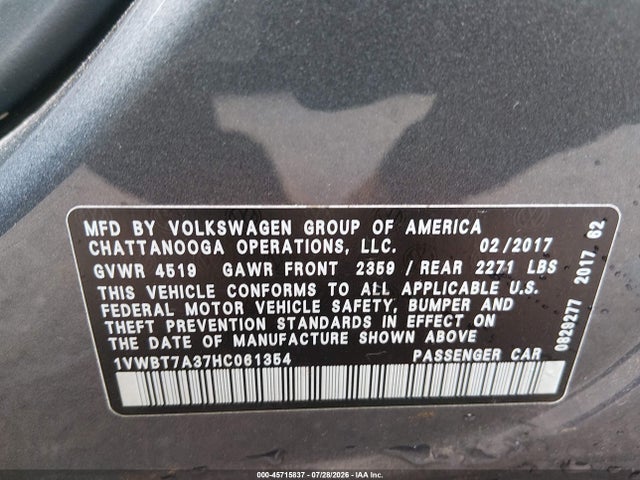 2017 Volkswagen Passat 1.8t Se მანქანა იყიდება აუქციონზე, vin: 1VWBT7A37HC061354, აუქციონის ნომერი: 45715837