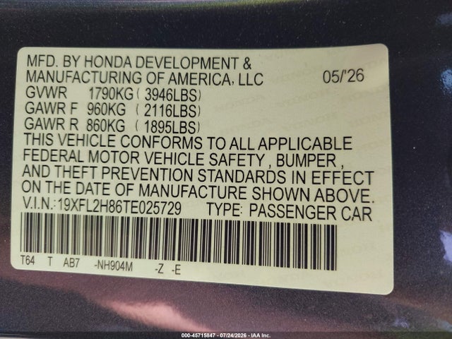 Продажа на аукционе авто 2026 Honda Civic Sport, vin: 19XFL2H86TE025729, номер лота: 45715847
