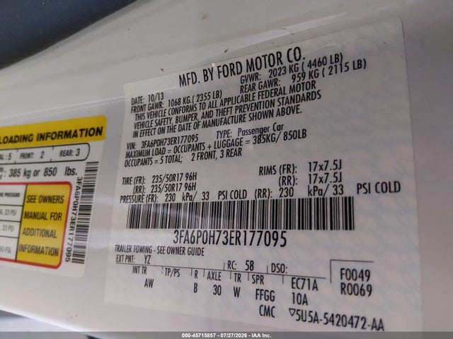 Auction sale of the 2014 Ford Fusion Se, vin: 3FA6P0H73ER177095, lot number: 45715857