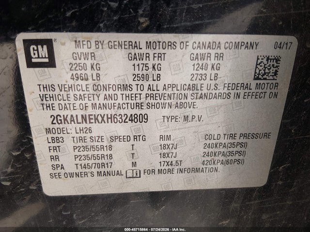 45715864 :رقم المزاد ، 2GKALNEKXH6324809 vin ، 2017 Gmc Terrain Sle-2 مزاد بيع