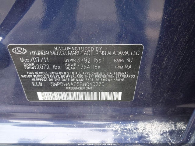 Aukcja sprzedaży 2011 Hyundai Elantra Gls, vin: 5NPDH4AE5BH040270, numer aukcji: 45715869