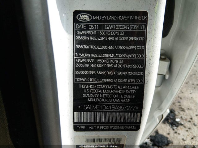 2011 Land Rover Range Rover Hse მანქანა იყიდება აუქციონზე, vin: SALME1D41BA357277, აუქციონის ნომერი: 45715876
