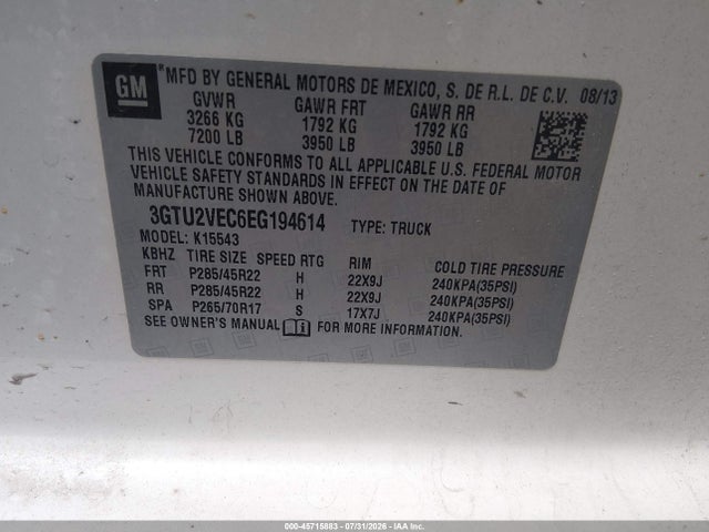 Продаж на аукціоні авто 2014 Gmc Sierra 1500 Slt, vin: 3GTU2VEC6EG194614, номер лоту: 45715883