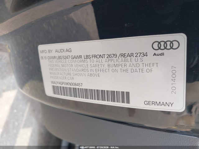 2019 Audi S5 3.0t Premium Plus მანქანა იყიდება აუქციონზე, vin: WAUY4GF59KN008457, აუქციონის ნომერი: 45715888
