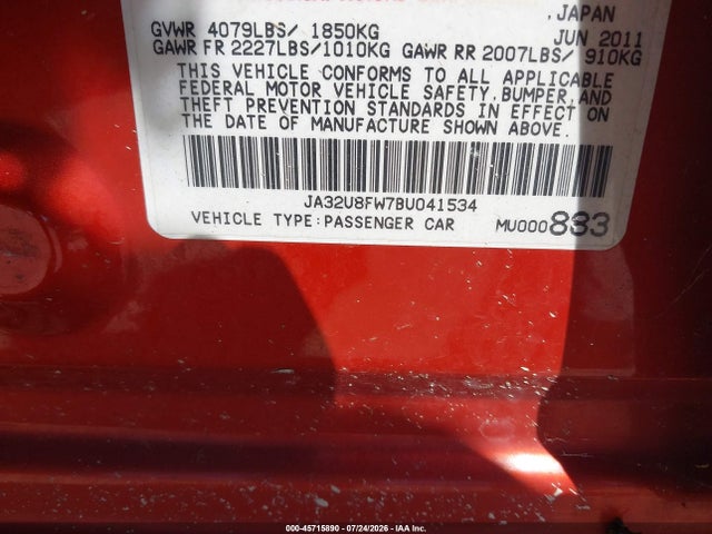 2011 Mitsubishi Lancer Gts მანქანა იყიდება აუქციონზე, vin: JA32U8FW7BU041534, აუქციონის ნომერი: 45715890