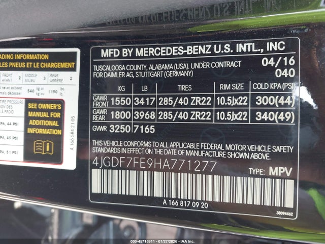Продаж на аукціоні авто 2017 Mercedes-benz Amg Gls 63 4matic, vin: 4JGDF7FE9HA771277, номер лоту: 45715911