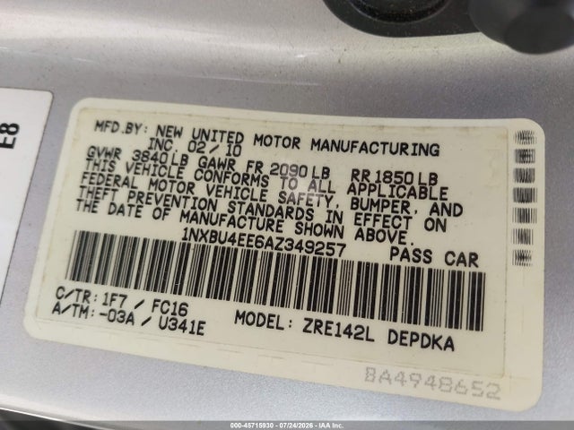 Продажа на аукционе авто 2010 Toyota Corolla Le, vin: 1NXBU4EE6AZ349257, номер лота: 45715930