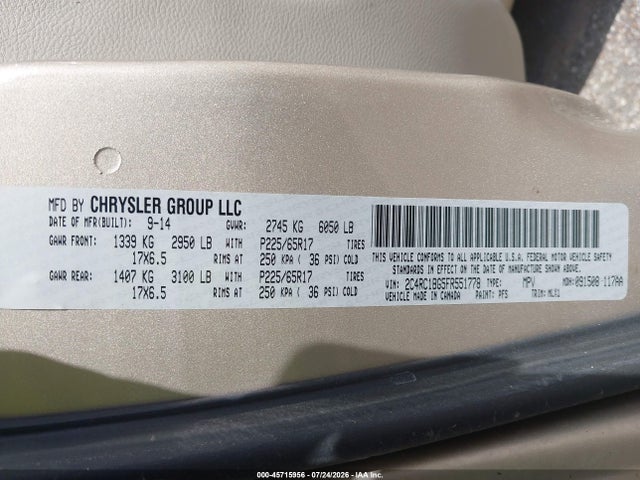 Aukcja sprzedaży 2015 Chrysler Town & Country Touring, vin: 2C4RC1BG5FR551778, numer aukcji: 45715956