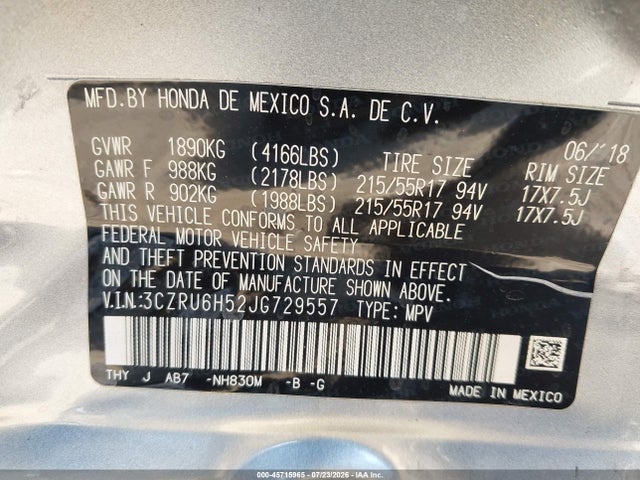 3CZRU6H52JG729557 Honda HR-V EX
