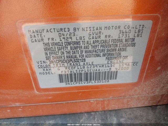 2023 Nissan Kicks Sv Xtronic Cvt მანქანა იყიდება აუქციონზე, vin: 3N1CP5CV3PL532128, აუქციონის ნომერი: 45715967