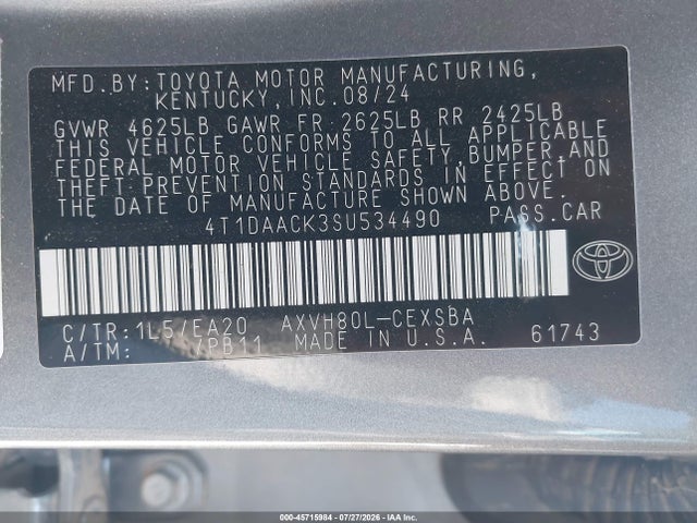 2025 Toyota Camry Se მანქანა იყიდება აუქციონზე, vin: 4T1DAACK3SU534490, აუქციონის ნომერი: 45715984