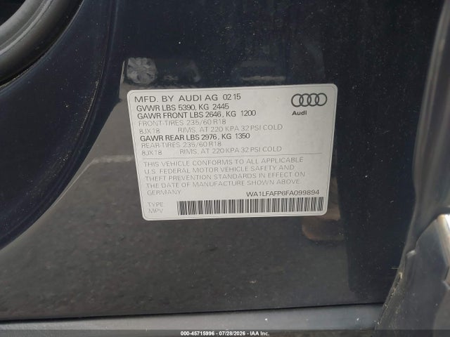 Aukcja sprzedaży 2015 Audi Q5 2.0t Premium, vin: WA1LFAFP6FA099894, numer aukcji: 45715996
