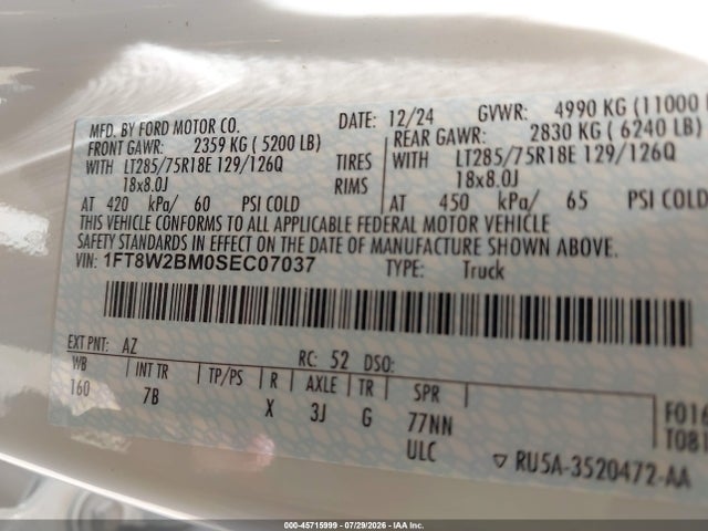 2025 Ford F-250 Platinum მანქანა იყიდება აუქციონზე, vin: 1FT8W2BM0SEC07037, აუქციონის ნომერი: 45715999