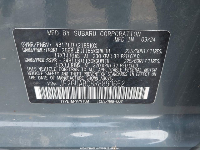 Aukcja sprzedaży 2024 Subaru Crosstrek, vin: JF2GUABC8R8890652, numer aukcji: 45716008