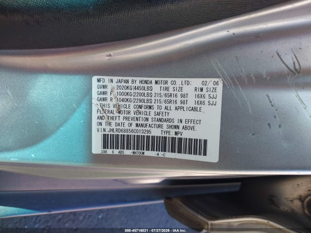Aukcja sprzedaży 2006 Honda Cr-v Ex, vin: JHLRD68856C013295, numer aukcji: 45716021