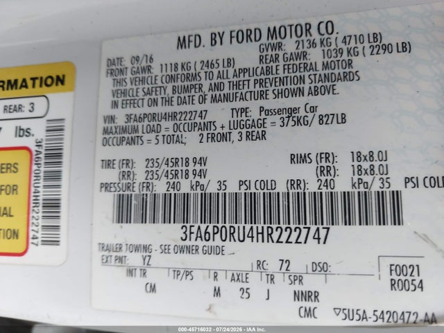 Продажа на аукционе авто 2017 Ford Fusion Hybrid Titanium, vin: 3FA6P0RU4HR222747, номер лота: 45716032
