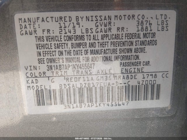 45716052 :رقم المزاد ، 3N1AB7AP1KY455647 vin ، 2019 Nissan Sentra Sv مزاد بيع
