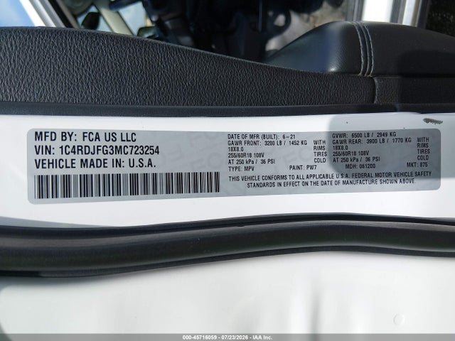 45716059 :رقم المزاد ، 1C4RDJFG3MC723254 vin ، 2021 Dodge Durango Pursuit Awd مزاد بيع